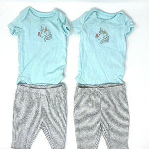 Carters NB Newborn Outfits Twins Set Unicorns Teal Gray Girls Rompers Pants Lot